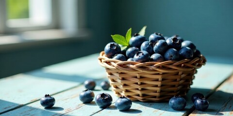 Sunlit Basket of Freshly Picked Blueberries on a Rustic Table