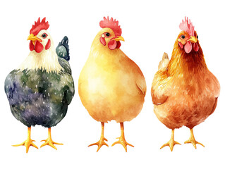 Fototapeta premium Three Isolated Watercolor Chickens on Transparent Background Clipart