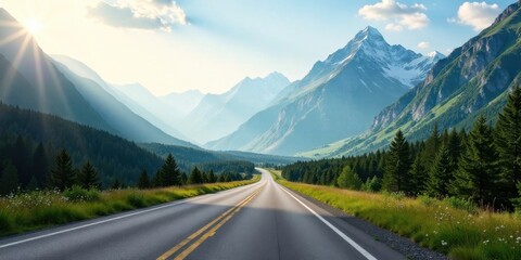 Naklejka premium Asphalt ribbon unwinding through a sun-drenched valley, flanked by majestic snow-capped peaks and verdant forests, a scenic route of breathtaking beauty