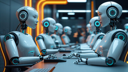 Fototapeta premium rows of advanced robots working in a futuristic call center