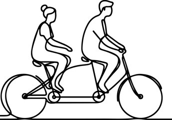 Line drawing of two people riding tandem bicycle on white background