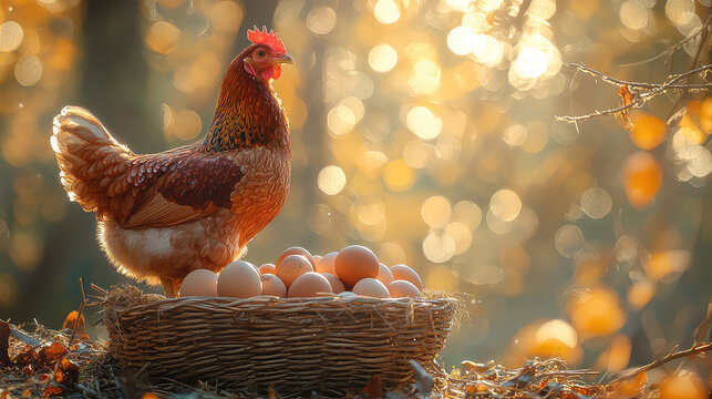 A hen standing proudly beside a wicker basket full of fresh brown eggs in a sunlit autumn forest. - Powered by Adobe
