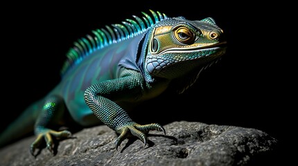Fototapeta premium Vibrant green lizard on dark rock.