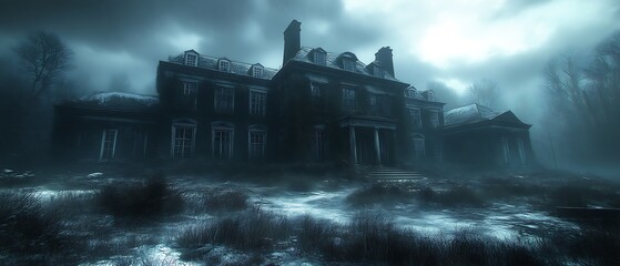 Foggy, dark mansion on a cold winter day.