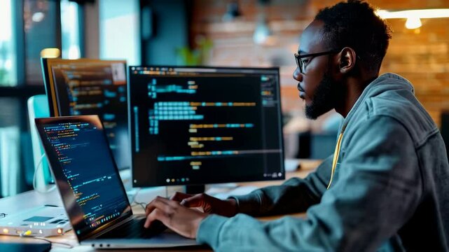 A black software engineer writing a program