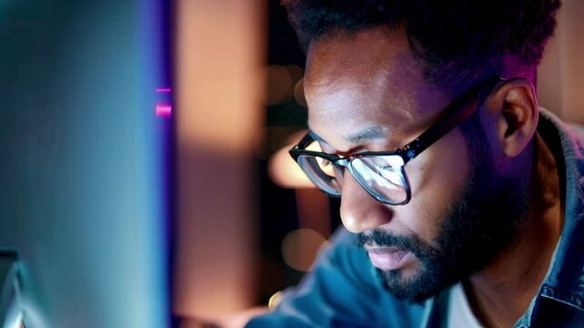 Close up of young mixed race man working late on computer in dark office, focused expression with glasses