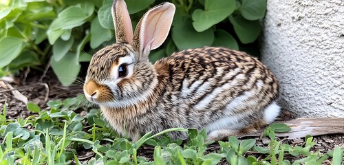Obraz premium A bunny sitting near a sparkling, clear pond in a lush garden.