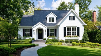 Fototapeta premium Stunning White House with Black Shutters and Landscaped Garden