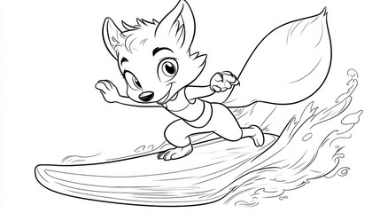 Fototapeta premium Cartoon fox surfing ocean wave, beach background, coloring page