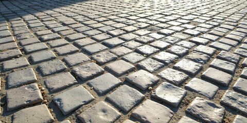 Fototapeta premium Sunlit Cobblestone Pavement Texture A Detailed View of Interlocking Stone Blocks in a Geometric Pattern