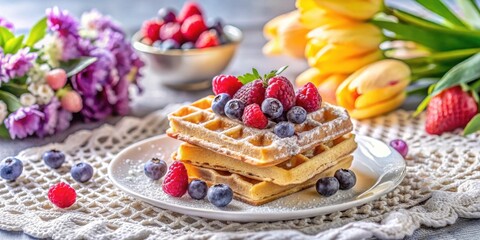 A delightful stack of golden waffles adorned with fresh raspberries and blueberries, dusted with powdered sugar, served on a lace doily next to a bouquet of purple flowers and yellow tulips.