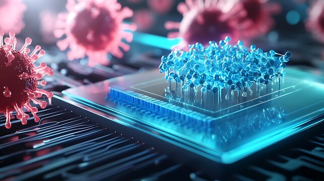 A Blue Cluster of Virus-Like Particles on a Glass Chip with Red Viruses in the Background - Powered by Adobe