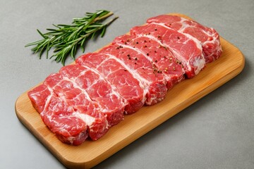 Fototapeta premium Raw beef steaks seasoned with peppercorns, rest on a wooden cutting board. Perfect for recipes, menus, or culinary websites needing fresh meat imagery.