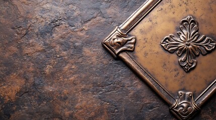 Ornate Bronze Book Cover Against Dark Background