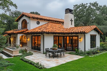 Obraz premium Cozy Spanish colonial-style home with small patio, white stucco walls, red tile roof, black steel windows, outdoor dining, oak tree, and overcast sky.