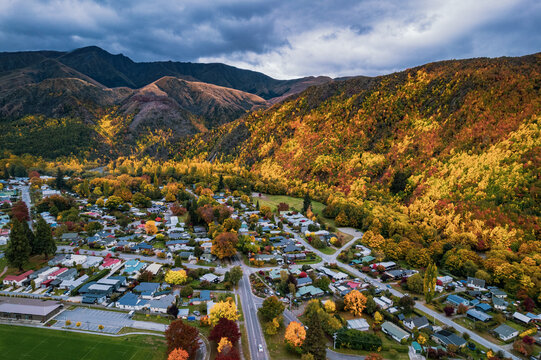 Golden Autumn Splendor in Arrowtown, New Zealand: Aerial Views