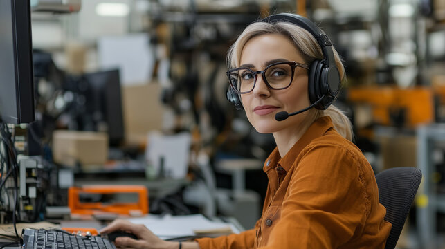 blonde woman wearing headset and glasses is in office looking determined while working with computer keyboard at desk in warehouse