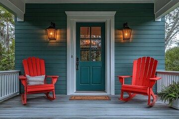 Fototapeta premium Front porch with red chairs, green walls, open door revealing Adirondack chairs, white ceiling with wooden beams, and light gray floor.