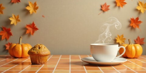 A warm autumnal beverage in a white mug with a delicious muffin and miniature pumpkins on a tiled surface, decorated with autumn leaves in the background.