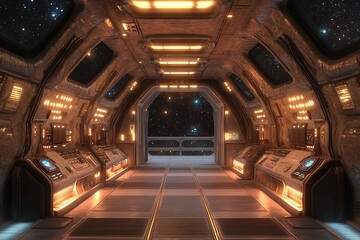 Futuristic spaceship interior with illuminated controls and starry view.