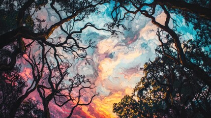Silhouettes of Trees Against a Vivid Sky