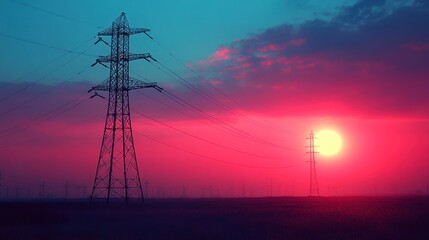 Silhouetted Power Lines Against a Vivid Sunset Sky