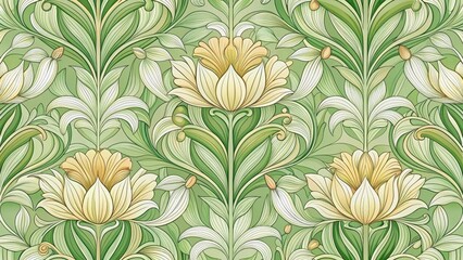 Elegant Green and Cream Floral Damask Design, Ideal for Luxurious Textiles and Wallpaper Applications