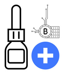 Medical dropper with a Bitcoin symbol connected to circuitry and a blue circle with a white cross. Ideal for health, cryptocurrency, technology, medicine, investment. Simple line art style