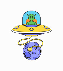 Spaceship with alien inside over a purple planet cartoon illustration for outer space and extraterrestrial life