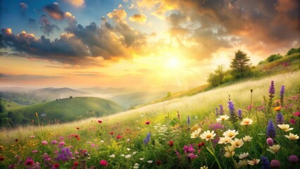 Fototapeta premium Serene Sunset Over Rolling Hills and a Vibrant Wildflower Meadow