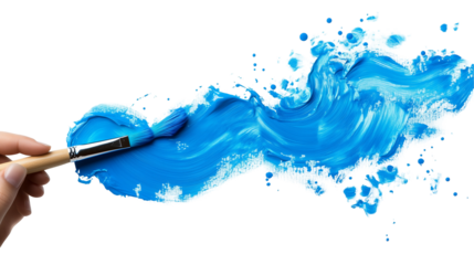 Hand painting with a blue roller brush, isolated on transparent background 
