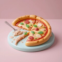 Claymorphism 3D Pizza Illustration With a Vibrant Shiny Style Using Bright Pastel Colors On The Background