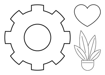 Gear outline conveying mechanics and industry alongside heart symbolizing love and emotion. Potted plant represents nature and growth. Ideal for industry, emotional health, eco-friendly initiatives