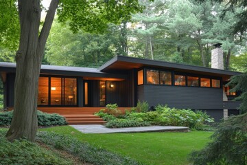 Modern architectural design of a secluded house nestled in lush greenery during bright daylight showcasing natural beauty and harmony with the environment