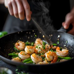 Delicious Shrimp and Sugar Snap Peas Sizzling Pan Food Photography