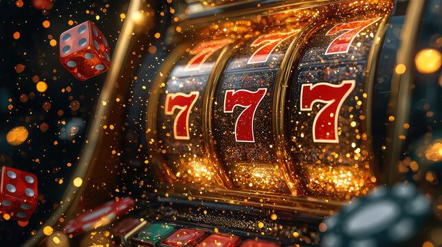 Sparkling slot machine with lucky 777 jackpot and falling dice.