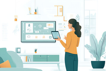 Woman in a modern living room using a tablet to interact with a digital display, showcasing data analysis