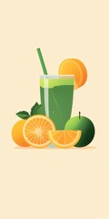 A vibrant illustration of a refreshing green juice surrounded by oranges and a lime, evoking a lively and healthy vibe.