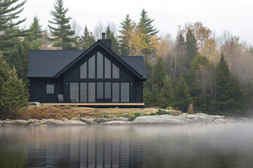 Obraz premium A charming black cabin rests by a serene lake, enveloped by vibrant autumn foliage and lush trees, all beautifully shrouded in early morning fog