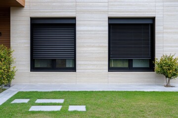Fototapeta premium Modern house exterior showcasing sleek black roller shutters on windows, minimalist landscaped garden with green grass and stepping stones, peaceful suburban setting