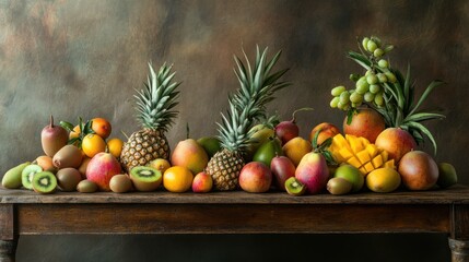 Still Life of Exotic Fruits on Rustic Wooden Table