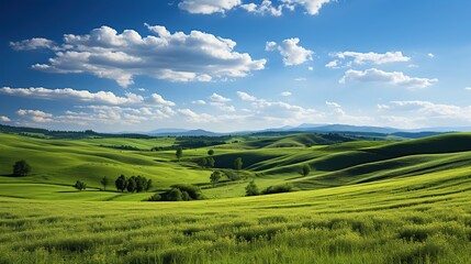 Obraz premium Rural landscape with blue sky and white clouds. Vibrant Green Valleys