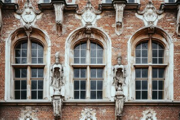 Historic building facade featuring ornate brickwork and sculptures with large windows in an urban setting during daylight