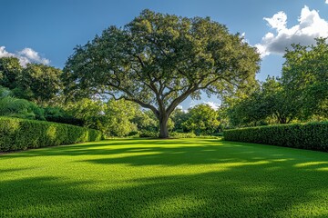 Obraz premium Large tree in the center of expansive green lawn, surrounded by dense hedges and lush trees under clear blue sky, serene backyard garden.