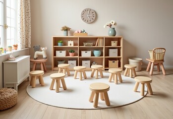 Minimalist Dining Set: Table and Four Chairs, Wood Floor, Modern Design, Family Area, High Resolution, Simple Style, Natural Light, Warm Ambiance, Clean.

