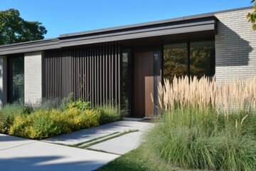 Obraz premium Modern architectural design showcases a beautifully landscaped entrance with sleek lines and lush greenery in bright daylight