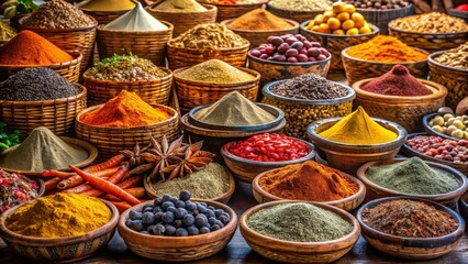 Fototapeta premium Aromatic Spice Collection in Rustic Bowls Diverse Culinary Herbs and Seasonings