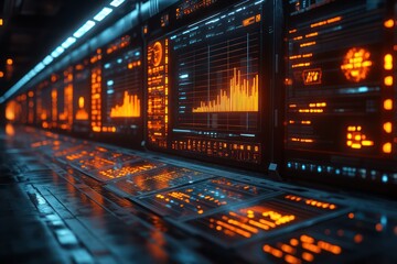 Obraz premium Futuristic Server Room: Data Center with glowing screens displaying graphs and codes, a digital landscape of information technology and network infrastructure.
