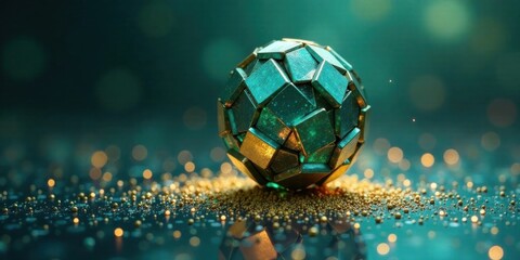 Abstract Teal and Gold Geometric Sphere on Sparkling Surface