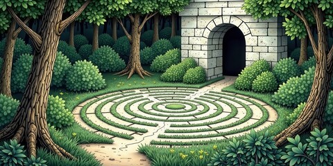A Mystical Stone Archway Leads to a Grassy Labyrinth Hidden Deep Within a Verdant Forest